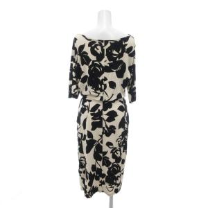 MAX MARA WEEKEND LINE フレアワンピース S 黒 ブラック 白 ホワイト 花柄 ドレープネック 七分袖 /NU GY61
