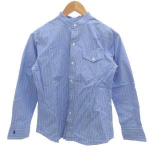 美品 シャツ 11 青 ブルー ストライプ柄 バンドカラー 長袖 /SJ GY61