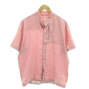 シャツ 半袖 リネン混 バンドカラー 切り替えデザイン L ピンク /YJ GY61