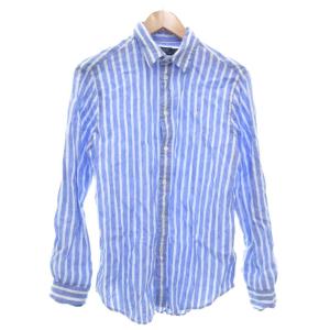 美品 シャツ 麻 リネン M 青 ブルー 白 ホワイト ストライプ柄 長袖 ロゴ刺繍 /NL GY61