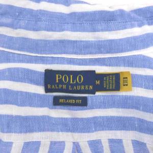 Polo by Ralph Lauren 美品 シャツ 麻 リネン M 青 ブルー 白 ホワイト ストライプ柄 長袖 ロゴ刺繍 /NL GY61