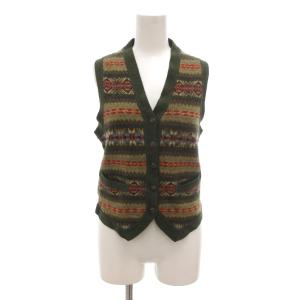 美品 ニットベスト ウール S 緑 グリーン フェアアイル柄 Vネック /NL GY61