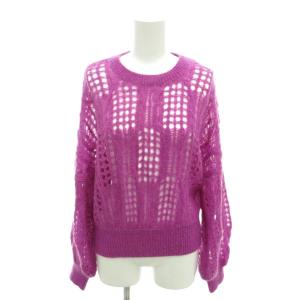 美品 ニット セーター モヘヤ混 透かし編み ラウンドネック 長袖 F ピンク /YJ GY61