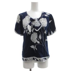 ファッション FASHION ブラウス カットソー 半袖 リボン フラワープリント L 紺 ネイビー 白