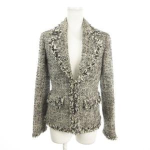 ツイードジャケット 上着 1 黒 ブラック 白 ホワイト 長袖 テーラードカラー フリンジ装飾 /MN16