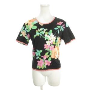 カットソー Tシャツ ラウンドネック 半袖 花柄 総柄 S 黒 ブラック /AH18 GY61