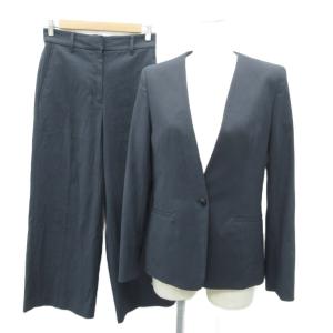 セットアップ 上下 M 紺 ネイビー ノーカラー ジャケット Vネック ミドル丈 パンツ アンクル丈 上