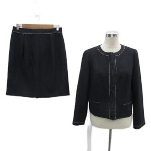 フォーマル セットアップ 上下 大きいサイズ 46 紺 ネイビー ノーカラージャケット ミドル丈 タイトスカート