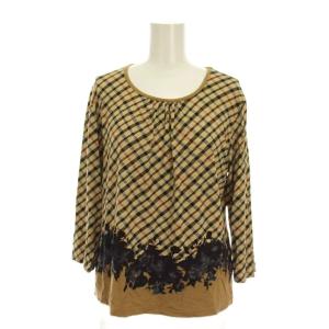 カットソー チェック 花柄 七分袖 42 茶色 黒 ベージュ 10-891317 /YM GY61