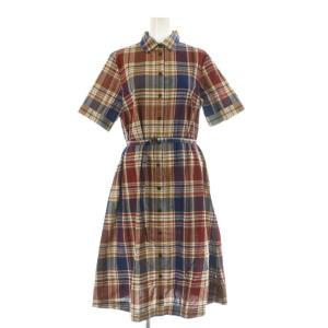 チェックシャツワンピース ロング 半袖 ベルト付 40 レッド /MY OS GY58
