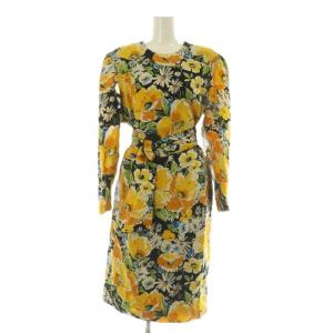 シルク 花柄ワンピース ロング ベルト付 38 イエロー /MY OS GY58