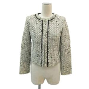  ノーカラージャケット 36 黒 ブラック チェック柄 ツイード ラウンドネック ショート丈 /YS41