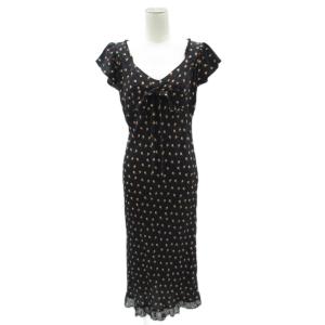ワンピース シルク 8 黒 ブラック ドット柄 Vネック 半袖 リボン ロング丈 /YS39 GY58