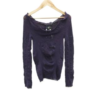 カットソー 2 紫 パープル 長袖 オフショルダー 透かし編み ラインストーン J567A0-77 /MA13