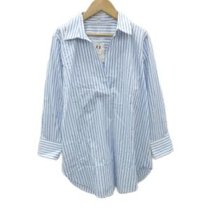 シャツ ブラウス 38 M 白 青 ストライプ柄 スキッパーカラー 長袖 /SY6 GY58