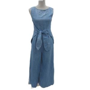 オールインワン コンビネゾン ワイドパンツ ロング丈 シャンブレー 36 青 ブルー ノースリーブ /SM63