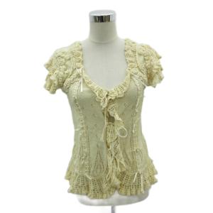 ニット カットソー Vネック オフホワイト 半袖 かぎ針編み フリル リボン /HO47 GY58