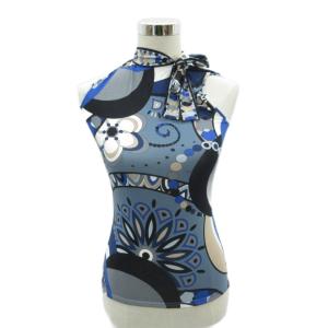 カットソー M マルチカラー 紺 ネイビー 総柄 リボンネック ノースリーブ /HO59 GY58