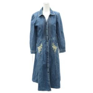 デニムシャツワンピース 11 青 ブルー 長袖 スキッパーカラー 花柄刺繍 ロング丈 /YS20 GY58