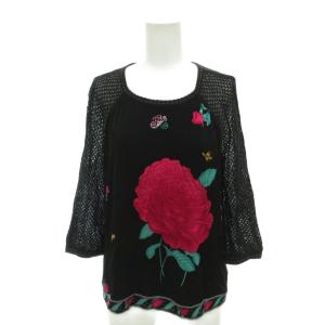 カットソー ラグランスリーブ バラ柄 透かし編み袖 七分袖 15 黒 ブラック ピンク /YJ GY60