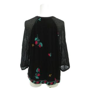 伊太利屋 カットソー ラグランスリーブ バラ柄 透かし編み袖 七分袖 15 黒 ブラック ピンク /YJ GY60