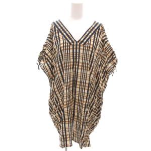 美品 チュニック 半袖 茶 ブラウン 紺 ネイビー チェック柄 Vネック /NL GY60