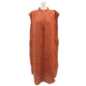 シャツワンピース 麻 リネン オレンジ バンドカラー フレンチスリーブ ノースリーブ ロング丈 /YS37