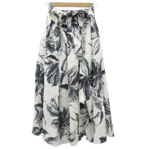 フレアスカート ギャザースカート 1 白 ホワイト 花柄 リボンベルト付き マキシ丈 ロング丈 /YS49