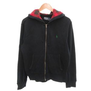 ジップアップパーカー フーディ 裏地チェック ポニー刺繍 L 紺 ネイビー 赤 レッド /YJ GY60
