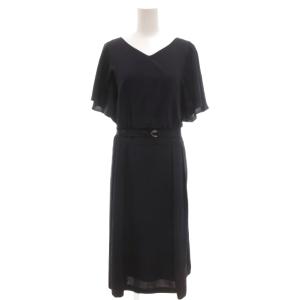 タグ付き ワンピース 42 黒 ブラック ロング丈 Vネック 半袖 ウエストベルト /SC GY60