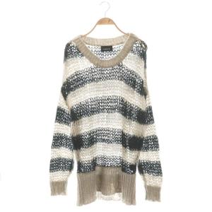 ニット セーター ウール グレージュ 黒 ブラック 長袖 ストライプ柄 /AQ OS GY58