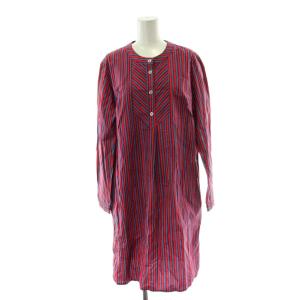 ワンピース シャツ 38 赤 レッド マルチカラー ストライプ柄 ノーカラー 長袖 ひざ丈 /PP GY60
