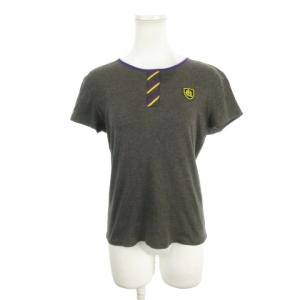 Tシャツ カットソー L グレー 半袖 ロゴ ワッペン 刺繍 ストレッチ /AH29 GY58