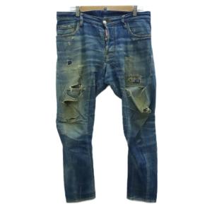 デニムパンツ ジーンズ スリム 46 青 ブルー クラッシュ ダメージ加工 ウォッシュ加工 /HO22