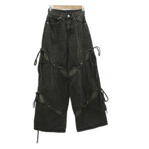 デニムパンツ ジーンズ ワイドパンツ S 黒 ブラック カットアウトデザイン リボン ロング丈 /YS15