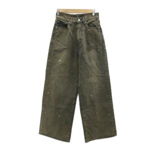 デニムパンツ ジーンズ ワイドパンツ ハイウエスト 2 茶色 ブラウン ウォッシュ加工 ハート柄 スタッズ装飾