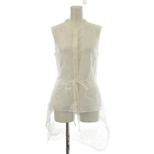 シャツ ブラウス カットソー36 白 ホワイト ノースリーブ バンドカラー レース裾 /LP GY63