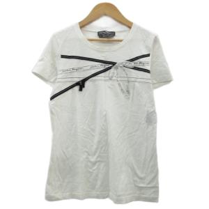 Tシャツ カットソー S 白 ホワイト 半袖 ラウンドネック リボン ラインストーン /SM39 GY58