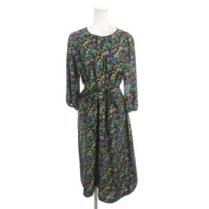 ワンピース 38 紺 ネイビー 緑 グリーン 花柄 七分袖 ウエストリボン /MN32 GY59