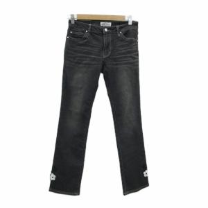 デニムパンツ ジーンズ スリム ロング丈 2 黒 花モチーフ ウォッシュ加工 スパンコール /HO24