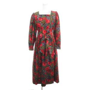 ワンピース コーデュロイ 11 赤 レッド 花柄 スクエアネック 長袖 /AH32 ECC001