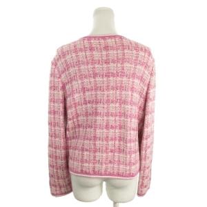 HANAE MORI カーディガン ツイード 40 ピンク チェック柄 ノーカラー 長袖 /MN22 ECC001