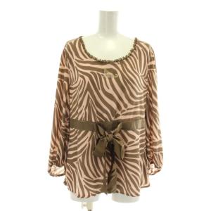 ブラウス 長袖 ゼブラ柄 レース ラインストーン リボン 13 茶色 ブラウン ピンク /XZ GY60
