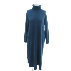 美品 ニットワンピース カシミヤ S 青 ブルー タートルネック 長袖 スリット ロング丈 13345-00137