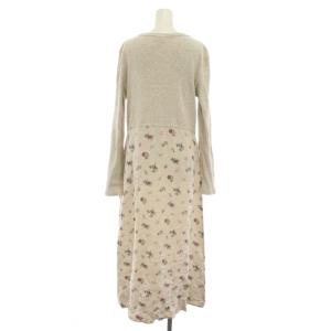 LAURA ASHLEY ワンピース ロング クルーネック 長袖 リブニット 切替 花柄 麻 リネン L ベージュ 赤 レッド 青