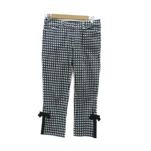 テーパードパンツ 40 オフホワイト 紺 ネイビー ギンガムチェック柄 リボン飾り クロップド丈 /HO28