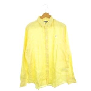 リネンシャツ 麻 長袖 ロゴ刺繍 XL 黄 イエロー /AH11 ECD001