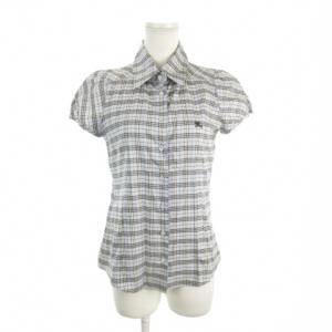 シャツ ブラウス 半袖 チェック 総柄 38 水色 ブルー /AH1 ECD001