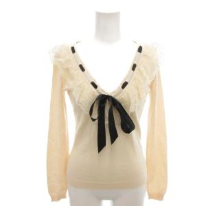 美品 ニット ウール  ベージュ Vネック フリル リボン  /HW ECD001