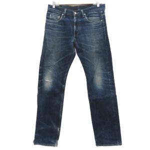 デニムパンツ ジーンズ ロング丈 ストレート 33 青 ブルー ウォッシュ加工 ダメージ加工 /MA5